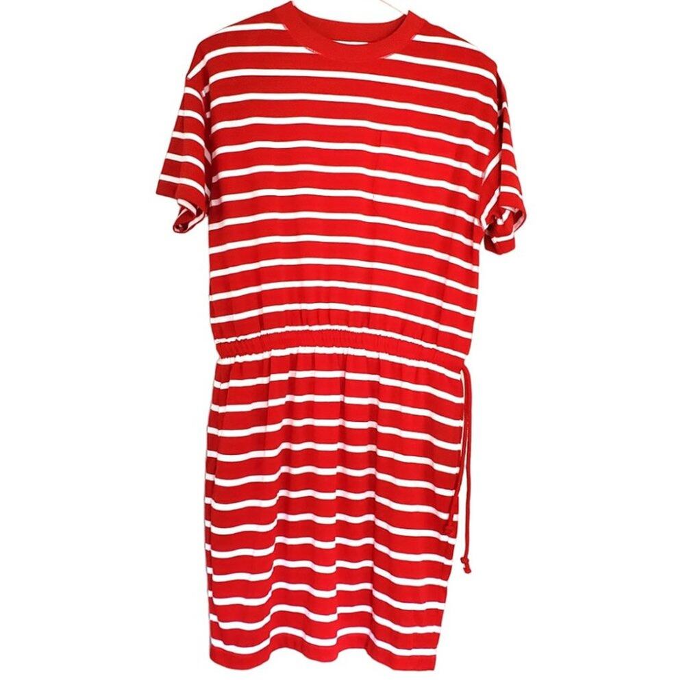 Nancy Keegan VTG T-Shirt Dress Red White Stripe Drawstring size 12P EUC